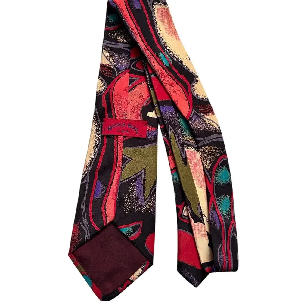 Vintage Bugle Boy Men's Tie Red Multicolor Abstract USA Polyester Necktie